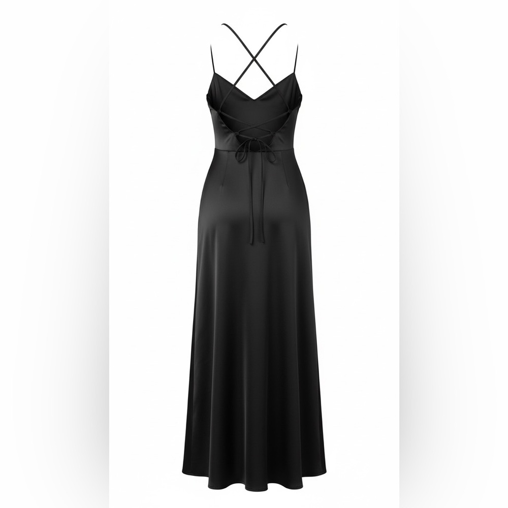 Lulus NWT “So Loving” Black Satin Pleated Lace Up Backless Maxi Dress Size Large - Picture 13 of 15